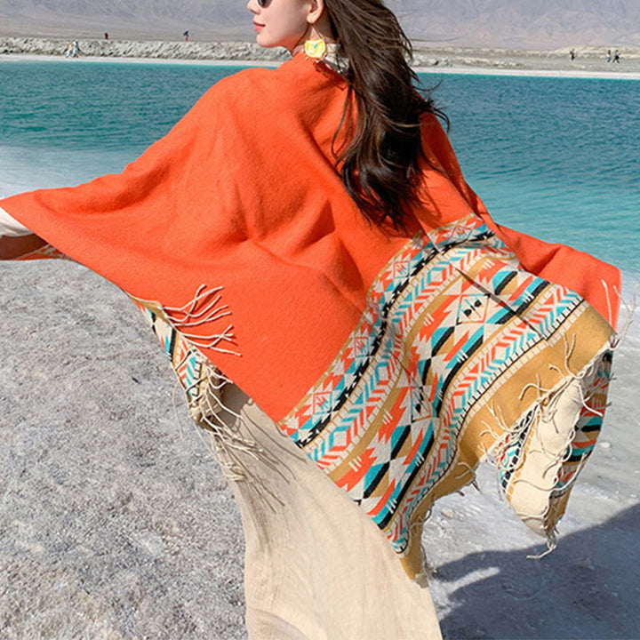 Buddha Stones Tybetański Szal Kolorowa Geometria Zimowy Przytulny Podróżny Szalik Otulacz - Pomarańczowy 150*130cm - image 36