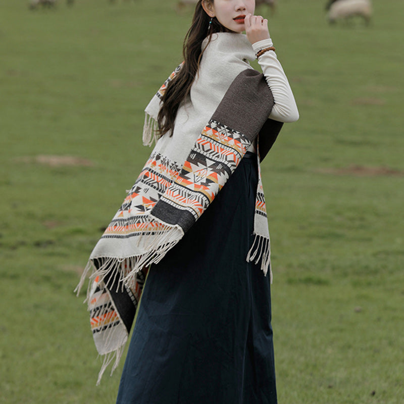 Buddha Stones Tybetański Szal Kolorowa Geometria Zimowy Przytulny Podróżny Szalik Otulacz - image 6