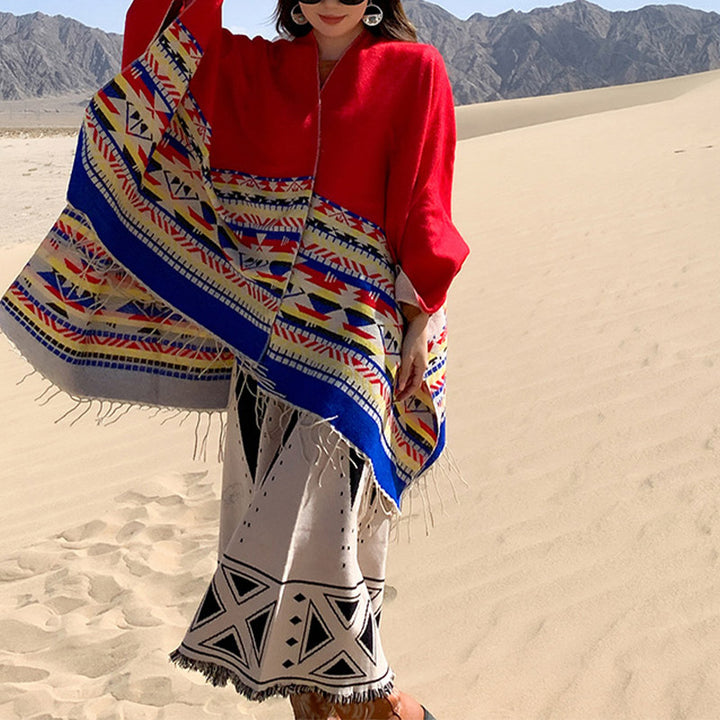 Buddha Stones Tybetański Szal Kolorowa Geometria Zimowy Przytulny Podróżny Szalik Otulacz - image 20