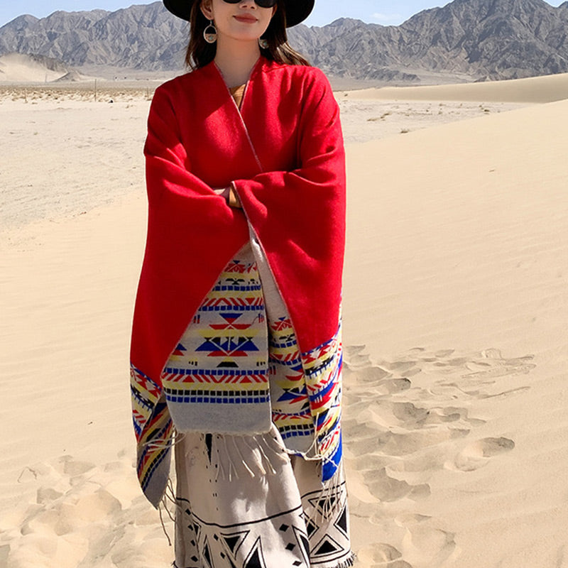 Buddha Stones Tybetański Szal Kolorowa Geometria Zimowy Przytulny Podróżny Szalik Otulacz - image 15