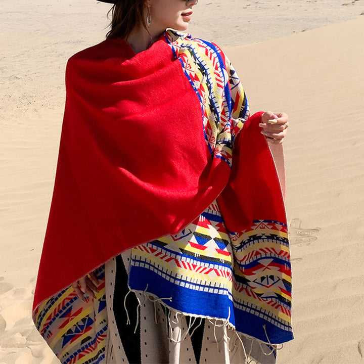 Buddha Stones Tybetański Szal Kolorowa Geometria Zimowy Przytulny Podróżny Szalik Otulacz - image 17