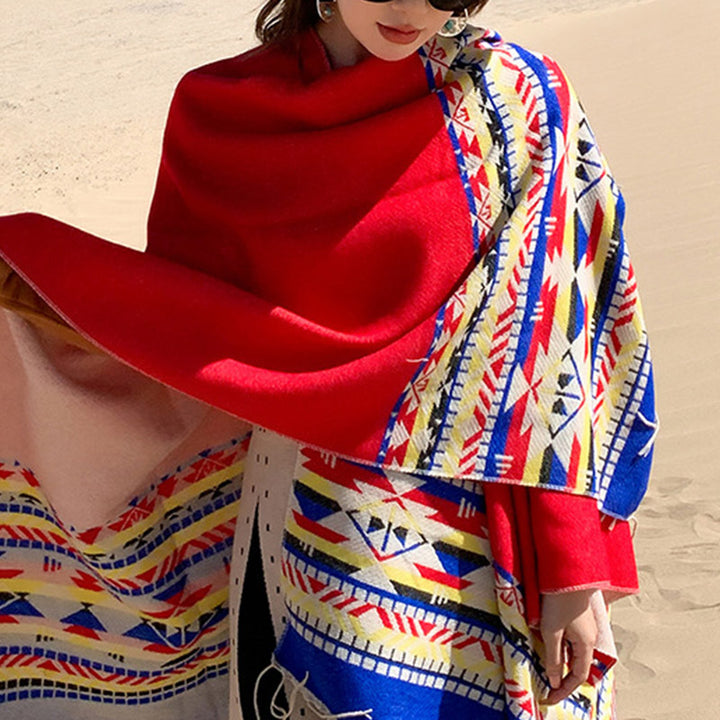 Buddha Stones Tybetański Szal Kolorowa Geometria Zimowy Przytulny Podróżny Szalik Otulacz - image 22