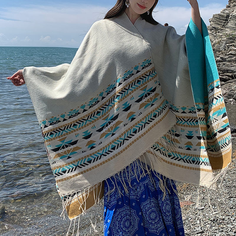 Buddha Stones Tybetański Szal Kolorowa Geometria Zimowy Przytulny Podróżny Szalik Otulacz - image 31