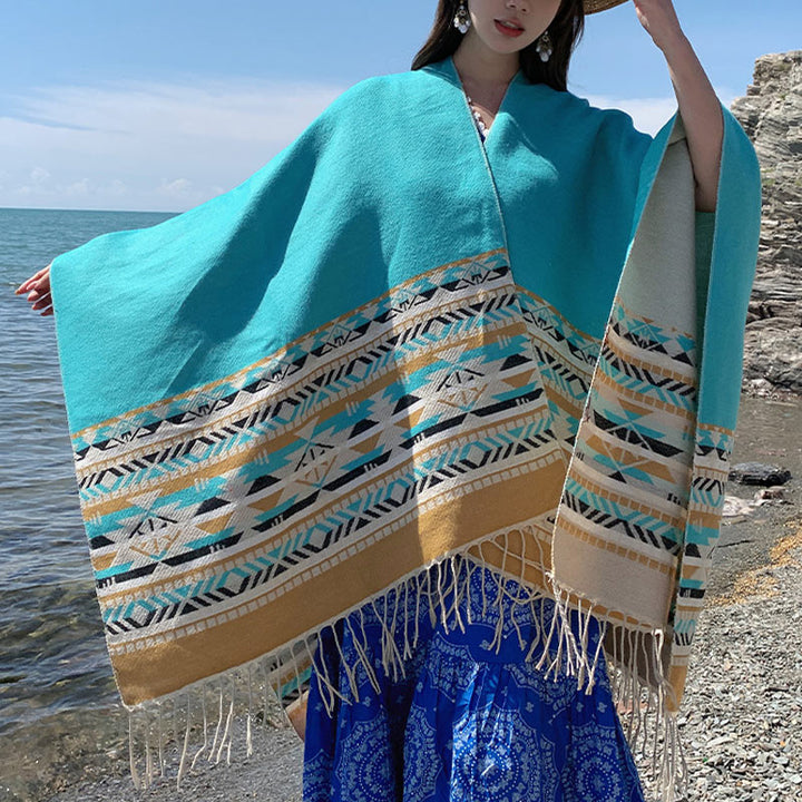 Buddha Stones Tybetański Szal Kolorowa Geometria Zimowy Przytulny Podróżny Szalik Otulacz - image 29