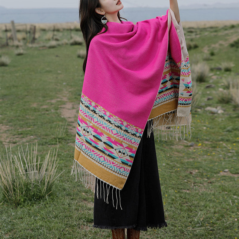 Buddha Stones Tybetański Szal Kolorowa Geometria Zimowy Przytulny Podróżny Szalik Otulacz - image 35