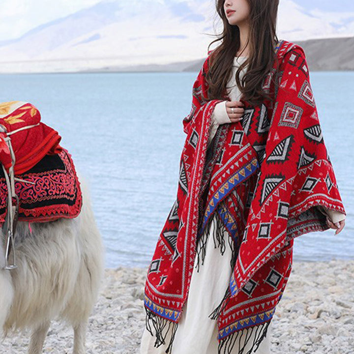 Buddha Stones Tybetański szal z trójkątnym wzorem Kaptur Płaszcz Zimowy Przytulny Szalik Podróżny Otulacz - image 8