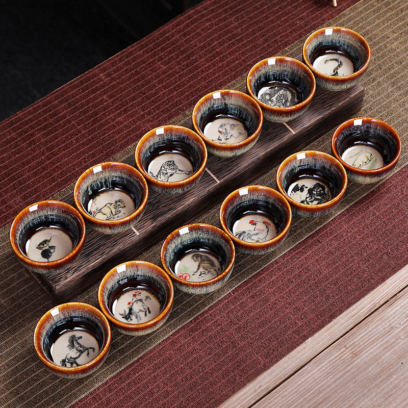 Buddha Stones 12 Chiński wzór zodiaku Ceramiczna filiżanka do herbaty Kung Fu Jian Chińska filiżanka do herbaty Zhan 73 ml