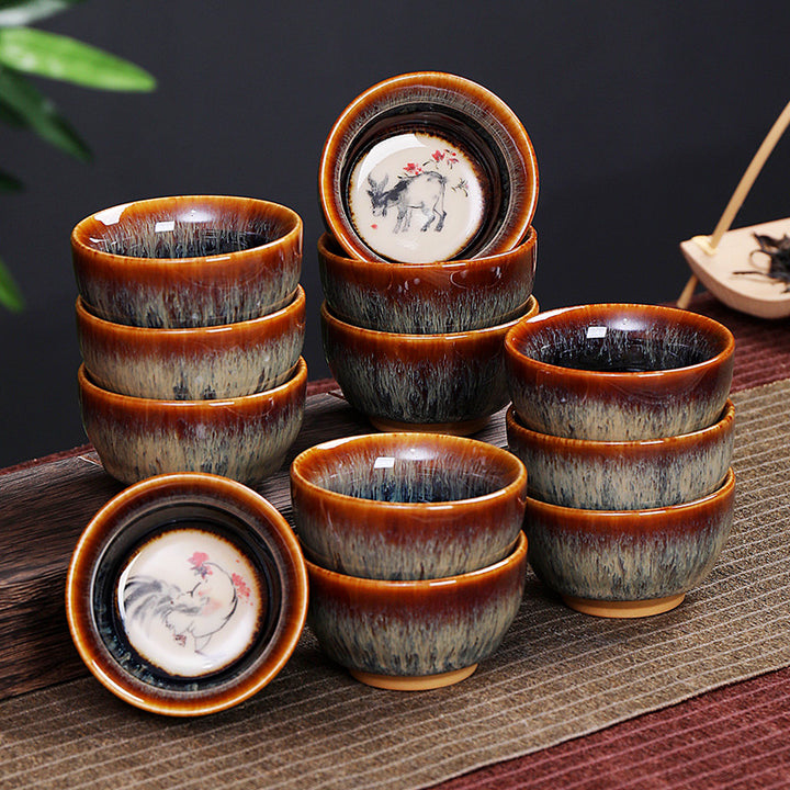Buddha Stones 12 Chiński wzór zodiaku Ceramiczna filiżanka do herbaty Kung Fu Jian Chińska filiżanka do herbaty Zhan 73 ml