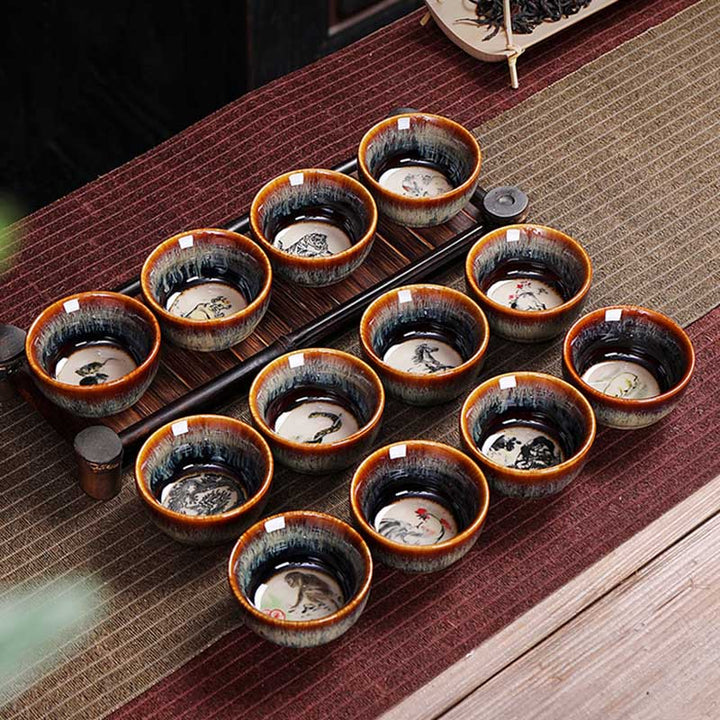 Buddha Stones 12 Chiński wzór zodiaku Ceramiczna filiżanka do herbaty Kung Fu Jian Chińska filiżanka do herbaty Zhan 73 ml