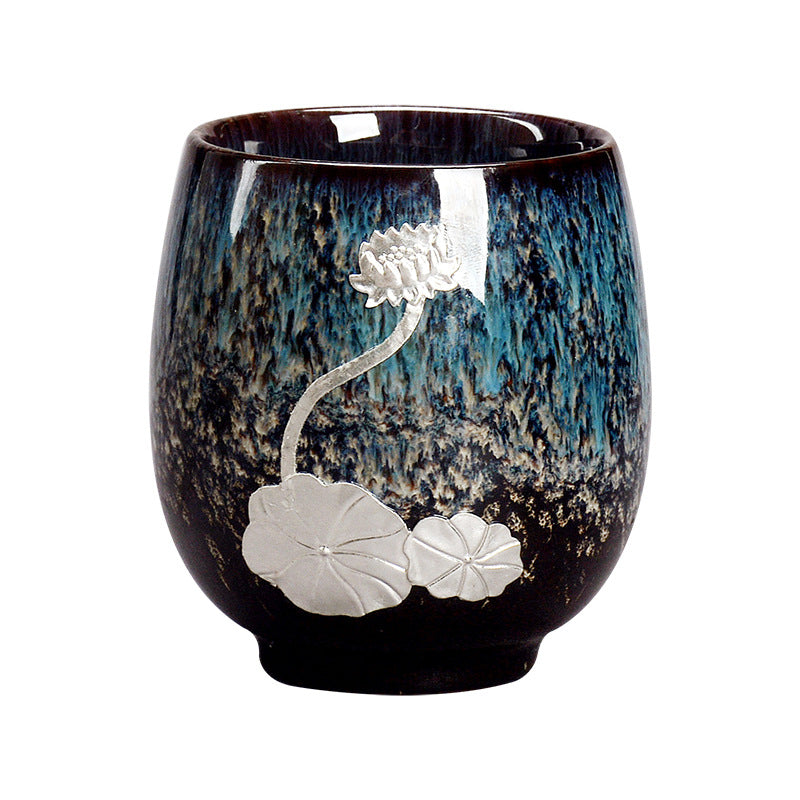 Buddha Stones Srebrny Kwiat Lotosu Liść Chiński Jianzhan Ceramiczny Filiżanka Do Herbaty Kung Fu 150 ml