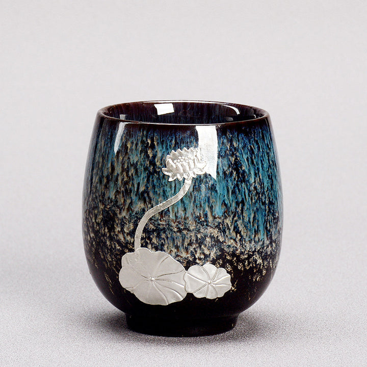 Buddha Stones Srebrny Kwiat Lotosu Liść Chiński Jianzhan Ceramiczny Filiżanka Do Herbaty Kung Fu 150 ml