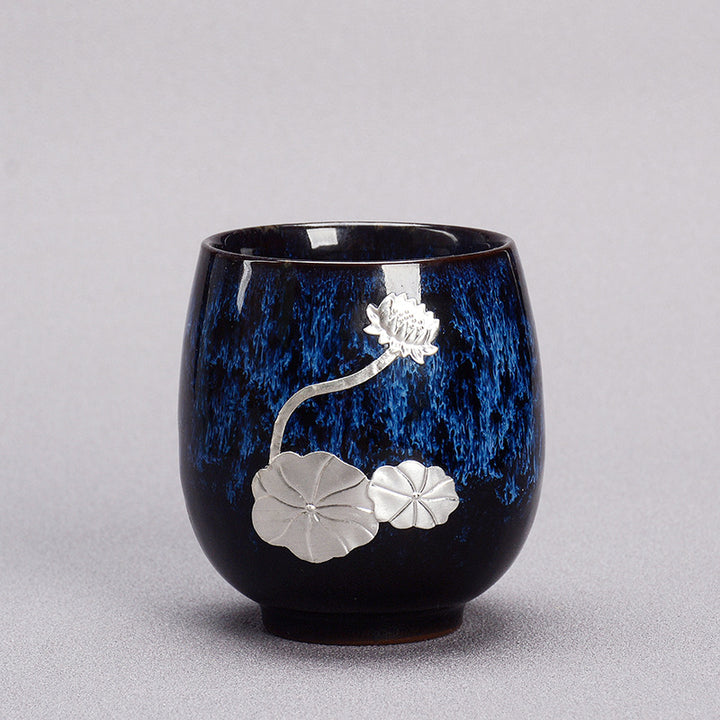 Buddha Stones Srebrny Kwiat Lotosu Liść Chiński Jianzhan Ceramiczny Filiżanka Do Herbaty Kung Fu 150 ml