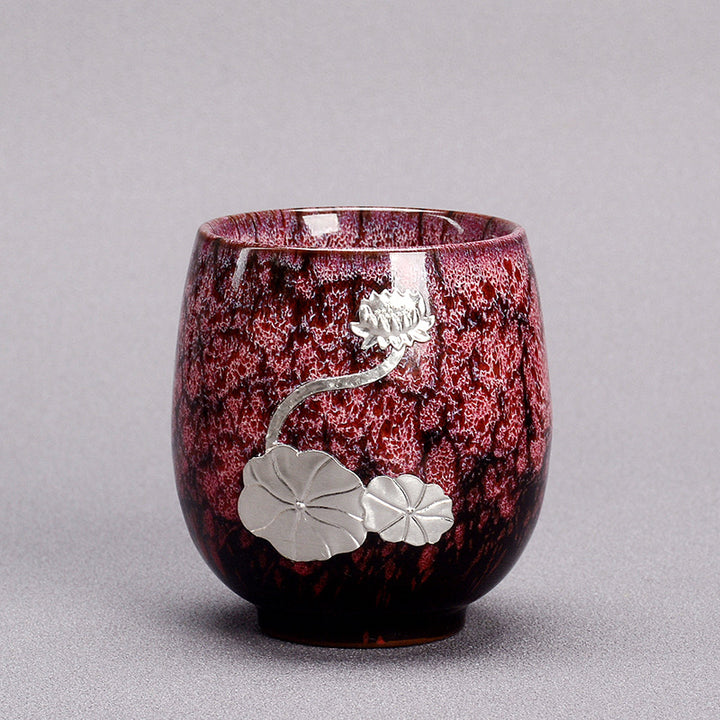 Buddha Stones Srebrny Kwiat Lotosu Liść Chiński Jianzhan Ceramiczny Filiżanka Do Herbaty Kung Fu 150 ml
