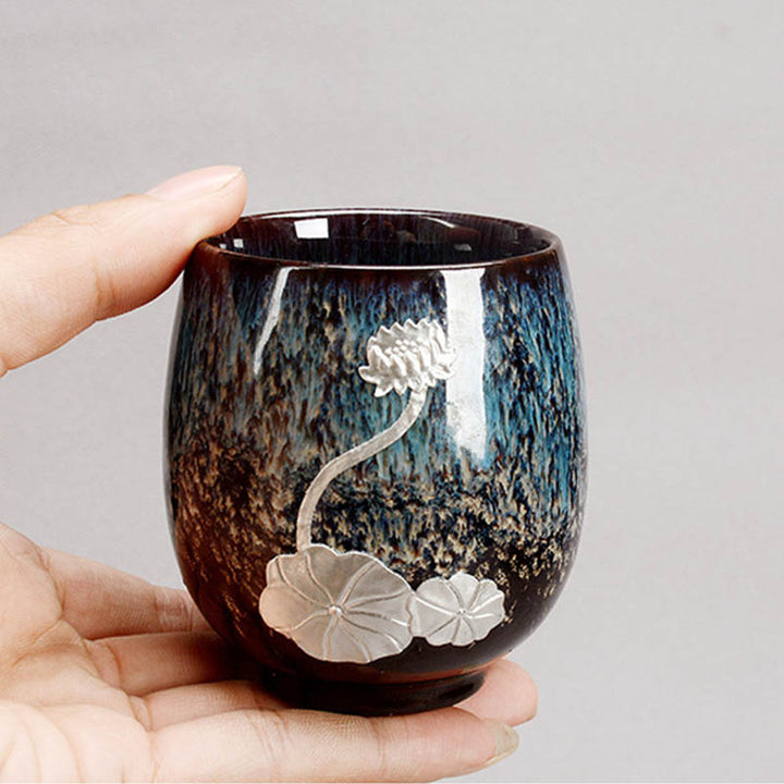 Buddha Stones Srebrny Kwiat Lotosu Liść Chiński Jianzhan Ceramiczny Filiżanka Do Herbaty Kung Fu 150 ml