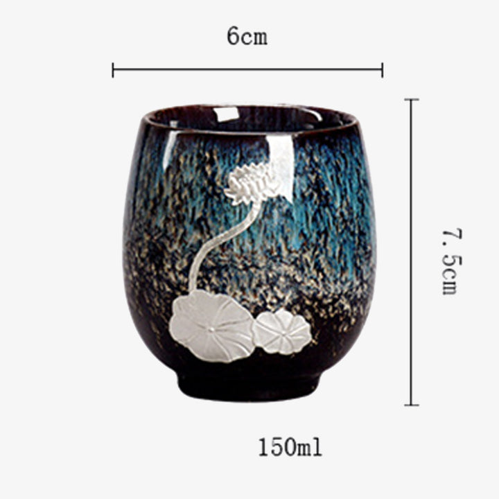 Buddha Stones Srebrny Kwiat Lotosu Liść Chiński Jianzhan Ceramiczny Filiżanka Do Herbaty Kung Fu 150 ml