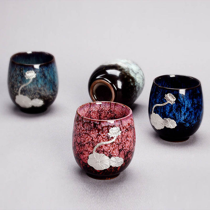 Buddha Stones Srebrny Kwiat Lotosu Liść Chiński Jianzhan Ceramiczny Filiżanka Do Herbaty Kung Fu 150 ml