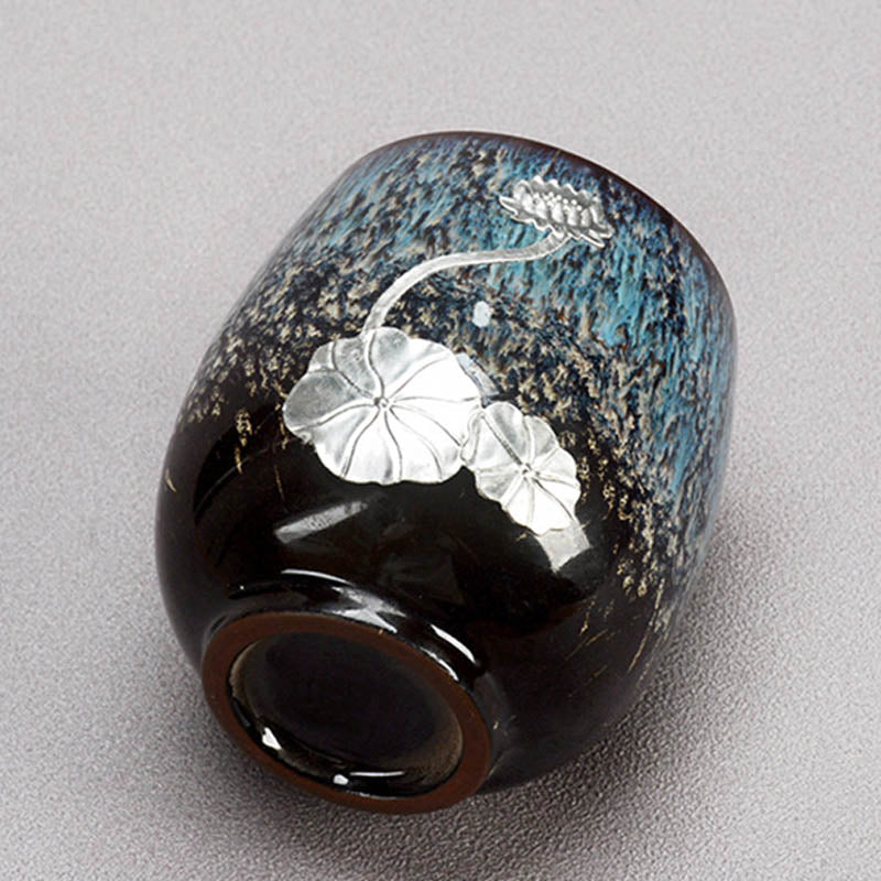 Buddha Stones Srebrny Kwiat Lotosu Liść Chiński Jianzhan Ceramiczny Filiżanka Do Herbaty Kung Fu 150 ml