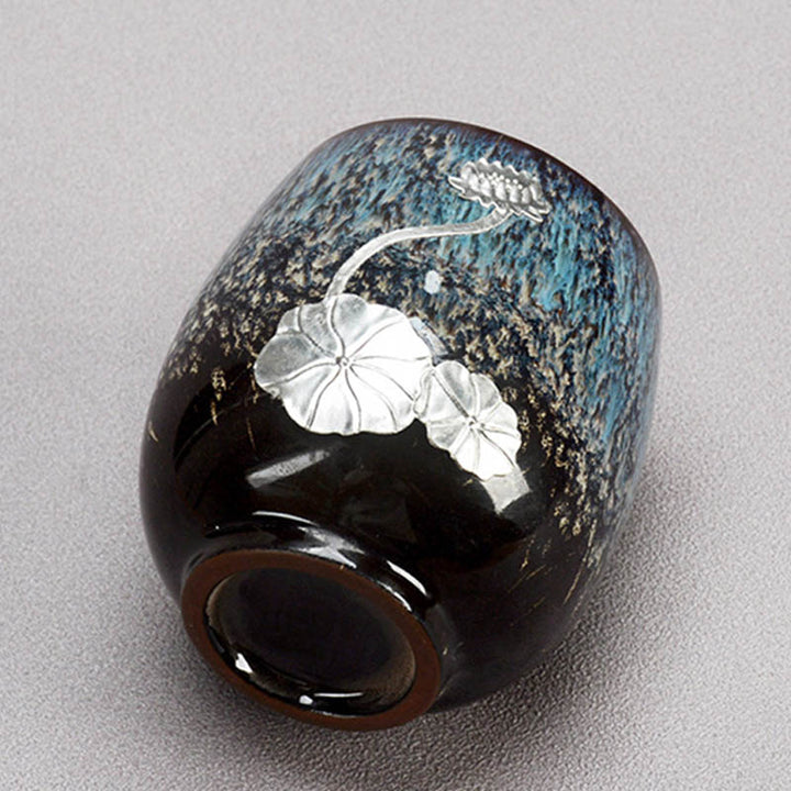 Buddha Stones Srebrny Kwiat Lotosu Liść Chiński Jianzhan Ceramiczny Filiżanka Do Herbaty Kung Fu 150 ml