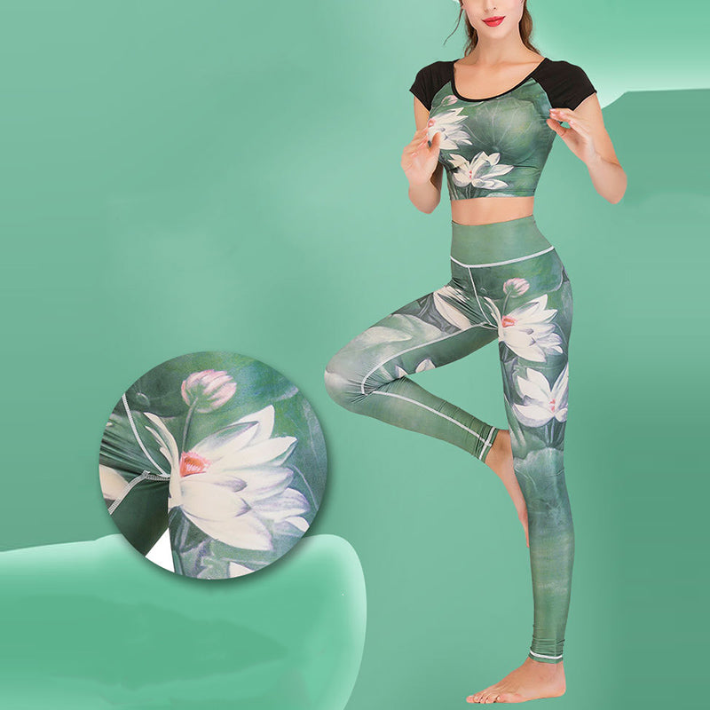 Buddha Stones 2 szt. Lotos Feniks Wiosenne Kwiaty Pawie Nadruk Top Spodnie Sport Fitness Joga Damskie Zestawy Jogi - image 2