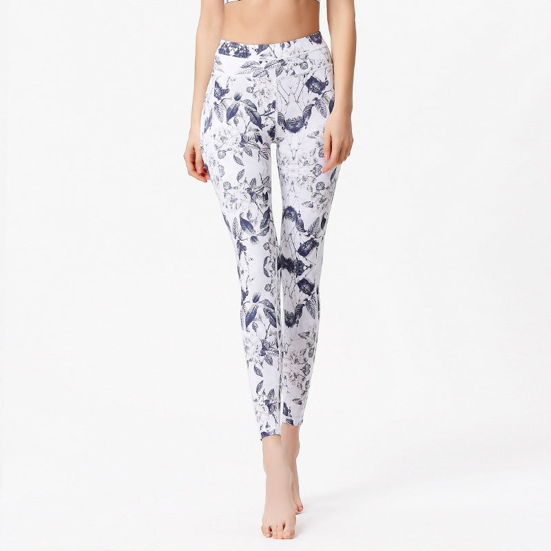 Buddha Stones Kwiaty Liście Nadruk Spodnie Sportowe Fitness Joga Legginsy Damskie Spodnie do Jogi - Biało-niebieski - US8-10, UK/AU12-14, EU40-42 (XL) - image 4