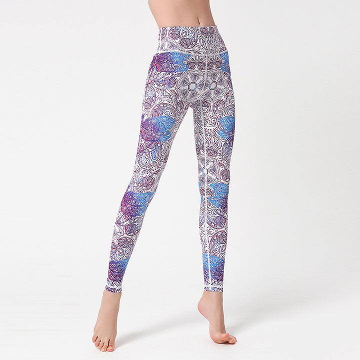 Buddha Stones Kwiaty Liście Ptaki Nadruk Spodnie Sportowe Fitness Joga Legginsy Damskie Spodnie do Jogi - Fioletowy Niebieski Biały - US8-10, UK/AU12-14, EU40-42 (XL) - image 0