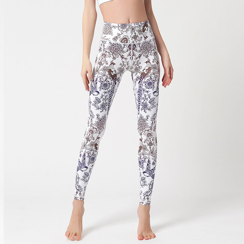 Buddha Stones Kwiaty Liście Ptaki Nadruk Spodnie Sportowe Fitness Joga Legginsy Damskie Spodnie do Jogi - Białe kwiaty ptaki - US8-10, UK/AU12-14, EU40-42 (XL) - image 19
