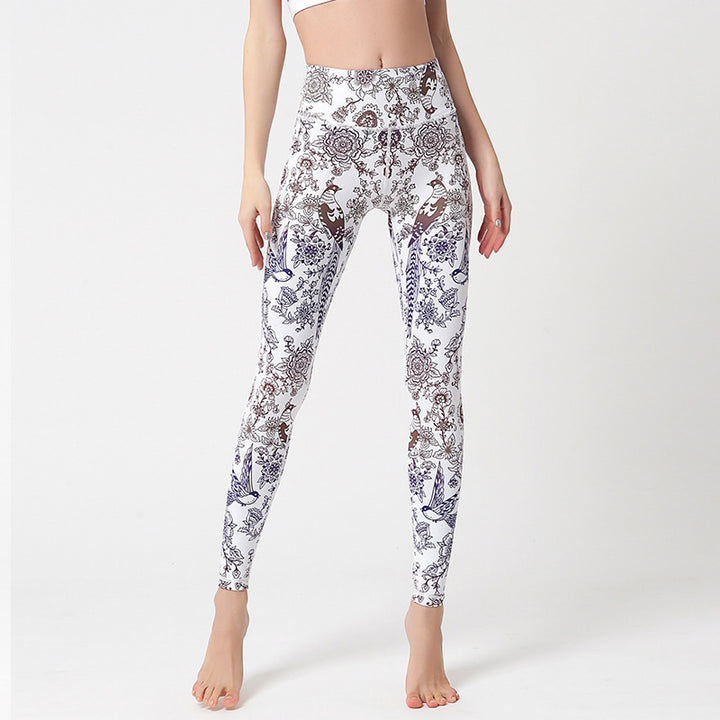 Buddha Stones Kwiaty Liście Ptaki Nadruk Spodnie Sportowe Fitness Joga Legginsy Damskie Spodnie do Jogi - Białe kwiaty ptaki - US8-10, UK/AU12-14, EU40-42 (XL) - image 19