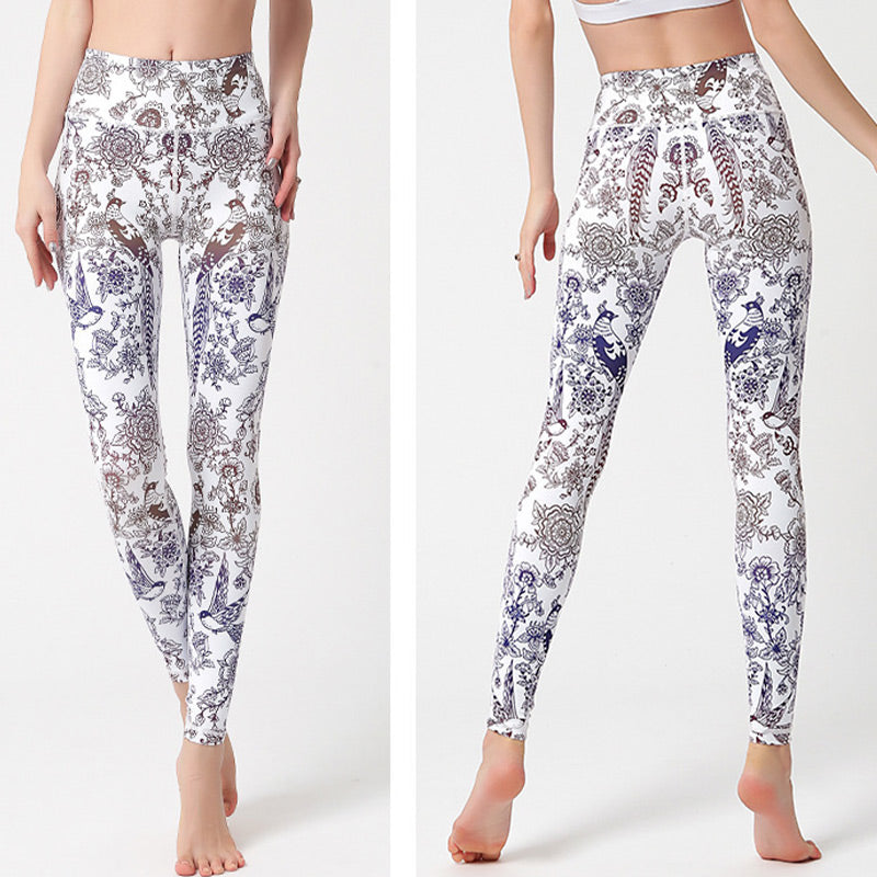 Buddha Stones Kwiaty Liście Ptaki Nadruk Spodnie Sportowe Fitness Joga Legginsy Damskie Spodnie do Jogi - image 21