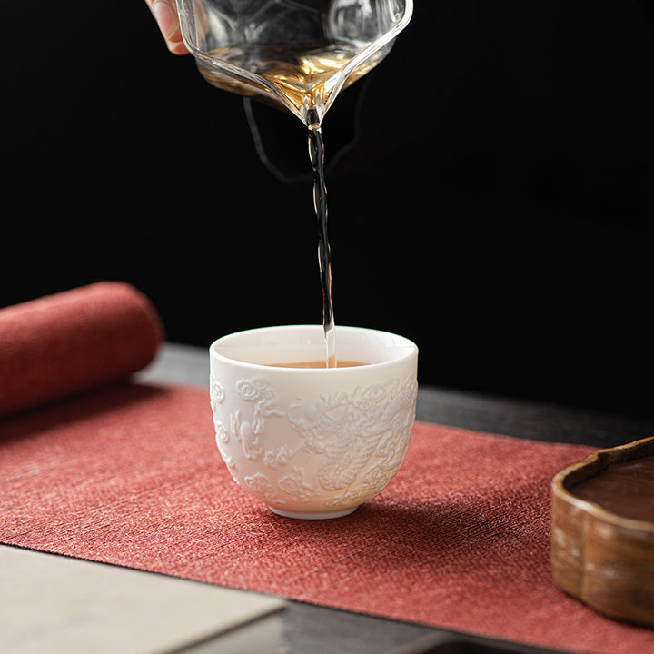 Buddha Stones Smok Feniks Relief Biała Porcelana Ceramiczna Filiżanka Do Herbaty Kung Fu 115 ml