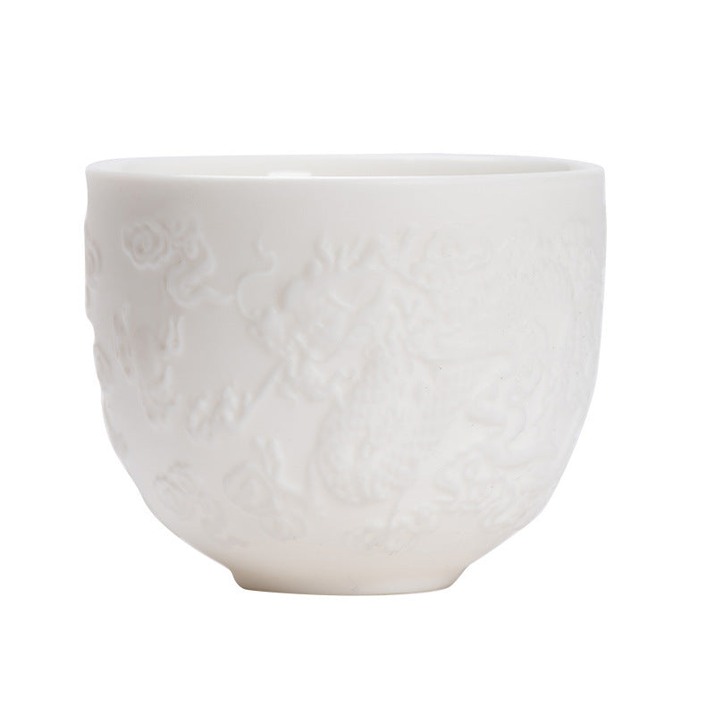 Buddha Stones Smok Feniks Relief Biała Porcelana Ceramiczna Filiżanka Do Herbaty Kung Fu 115 ml