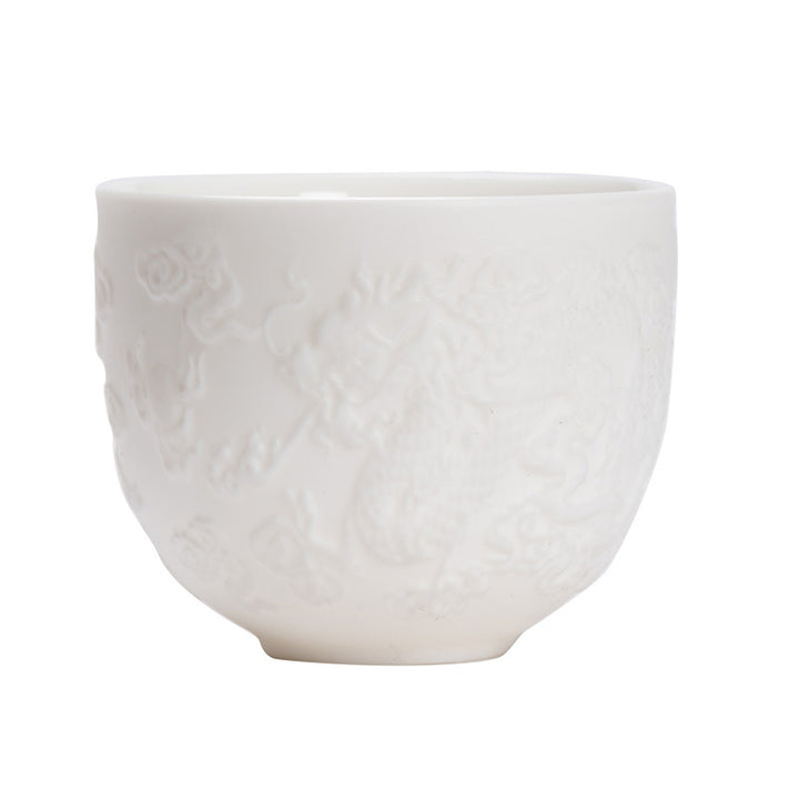 Buddha Stones Smok Feniks Relief Biała Porcelana Ceramiczna Filiżanka Do Herbaty Kung Fu 115 ml