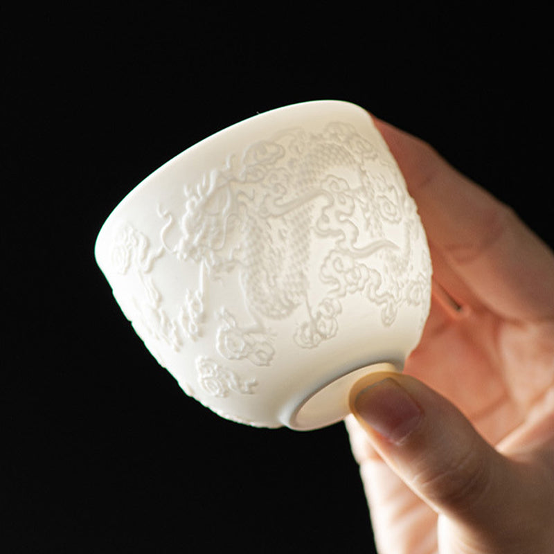 Buddha Stones Smok Feniks Relief Biała Porcelana Ceramiczna Filiżanka Do Herbaty Kung Fu 115 ml