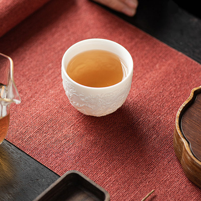 Buddha Stones Smok Feniks Relief Biała Porcelana Ceramiczna Filiżanka Do Herbaty Kung Fu 115 ml