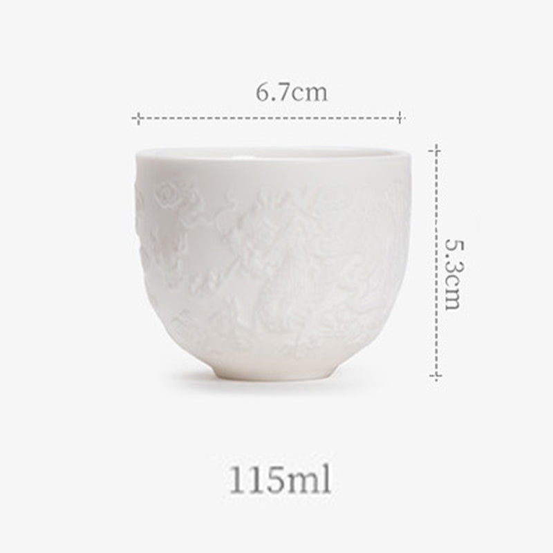 Buddha Stones Smok Feniks Relief Biała Porcelana Ceramiczna Filiżanka Do Herbaty Kung Fu 115 ml