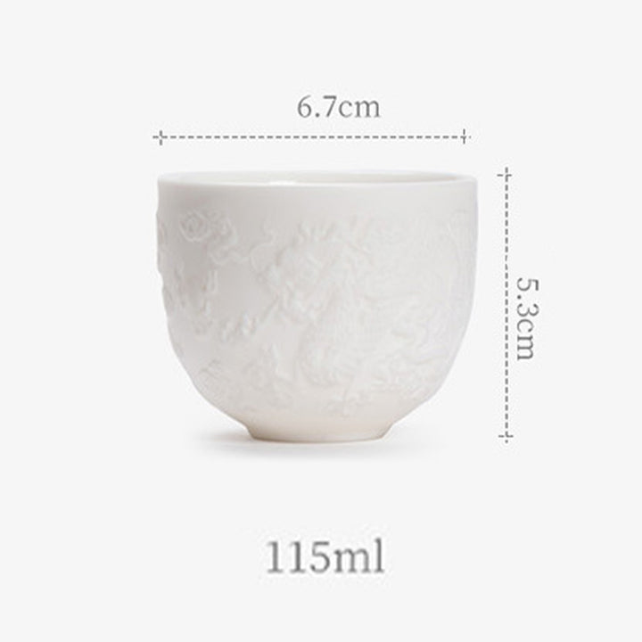 Buddha Stones Smok Feniks Relief Biała Porcelana Ceramiczna Filiżanka Do Herbaty Kung Fu 115 ml