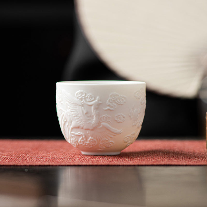 Buddha Stones Smok Feniks Relief Biała Porcelana Ceramiczna Filiżanka Do Herbaty Kung Fu 115 ml