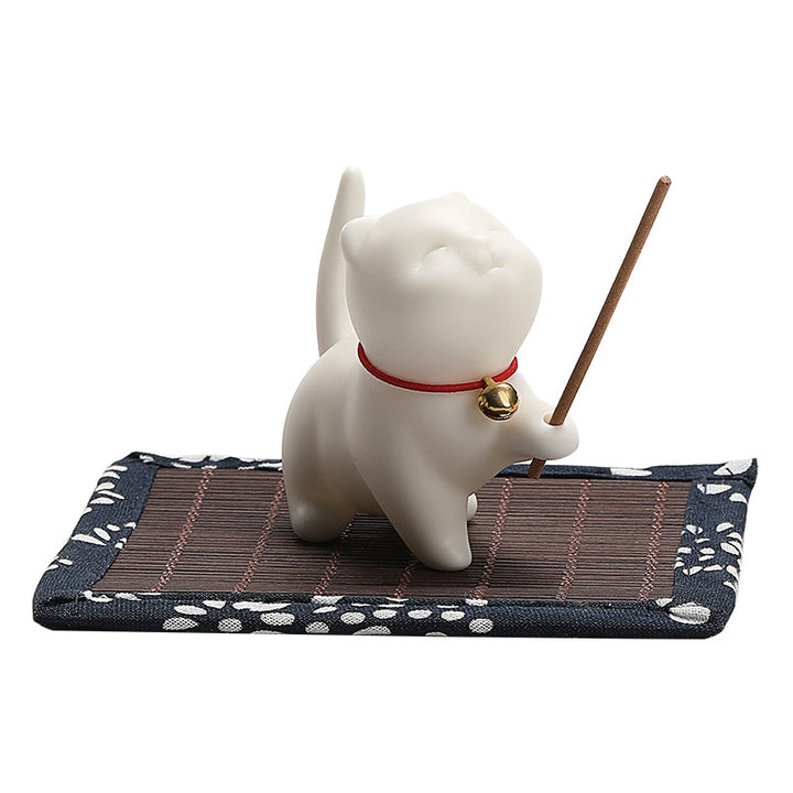 Buddha Stones Mini Szczęśliwy Kotek Herbata Zwierzę Ceramiczne Figurka Dekoracja Biurka Domowego Z Matą Bambusową - image 11