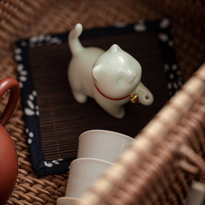 Buddha Stones Mini Szczęśliwy Kotek Herbata Zwierzę Ceramiczne Figurka Dekoracja Biurka Domowego Z Matą Bambusową - image 15