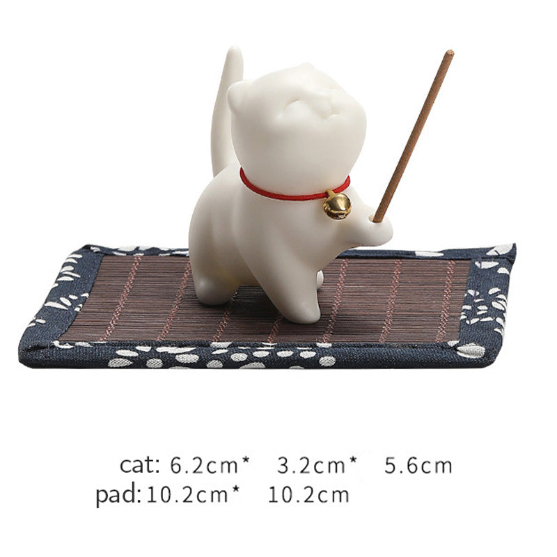 Buddha Stones Mini Szczęśliwy Kotek Herbata Zwierzę Ceramiczne Figurka Dekoracja Biurka Domowego Z Matą Bambusową - image 9