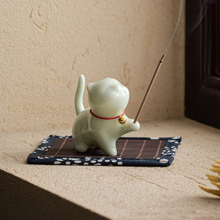 Buddha Stones Mini Szczęśliwy Kotek Herbata Zwierzę Ceramiczne Figurka Dekoracja Biurka Domowego Z Matą Bambusową - image 12
