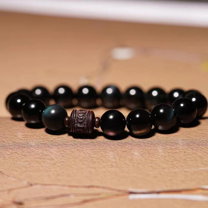 Buddha Stones Naturalny Złoty Połysk Obsydianu Tęczowego Obsydianu Om Mani Padme Hum Fu Charakter Bransoletka Uzdrawiająca