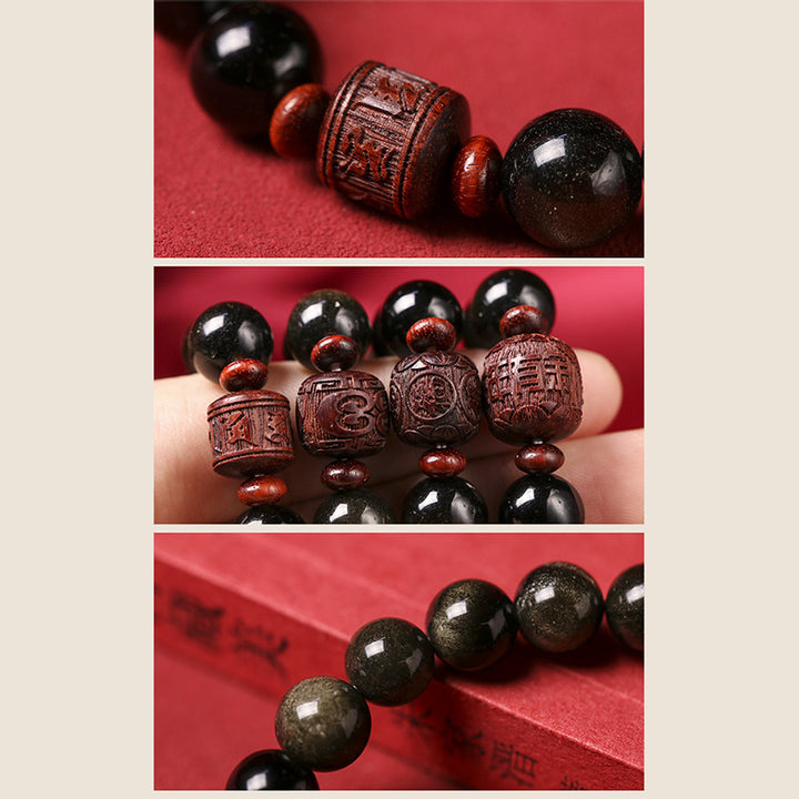 Buddha Stones Naturalny Złoty Połysk Obsydianu Tęczowego Obsydianu Om Mani Padme Hum Fu Charakter Bransoletka Uzdrawiająca
