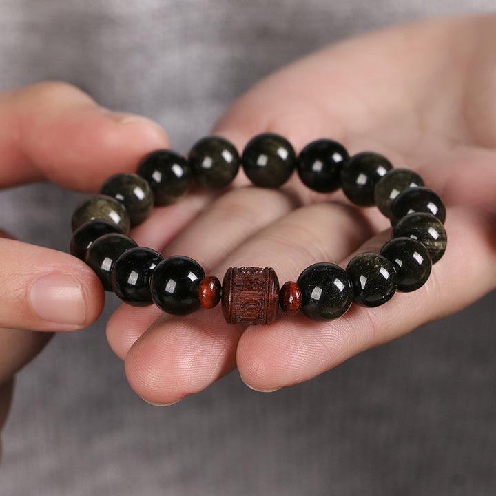Buddha Stones Naturalny Złoty Połysk Obsydianu Tęczowego Obsydianu Om Mani Padme Hum Fu Charakter Bransoletka Uzdrawiająca