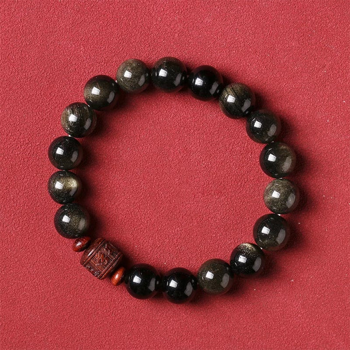 Buddha Stones Naturalny Złoty Połysk Obsydianu Tęczowego Obsydianu Om Mani Padme Hum Fu Charakter Bransoletka Uzdrawiająca