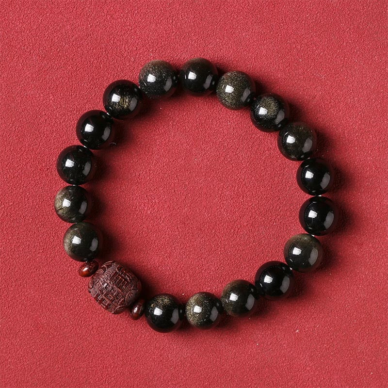 Buddha Stones Naturalny Złoty Połysk Obsydianu Tęczowego Obsydianu Om Mani Padme Hum Fu Charakter Bransoletka Uzdrawiająca