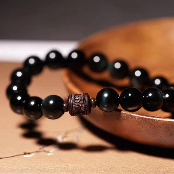 Buddha Stones Naturalny Złoty Połysk Obsydianu Tęczowego Obsydianu Om Mani Padme Hum Fu Charakter Bransoletka Uzdrawiająca