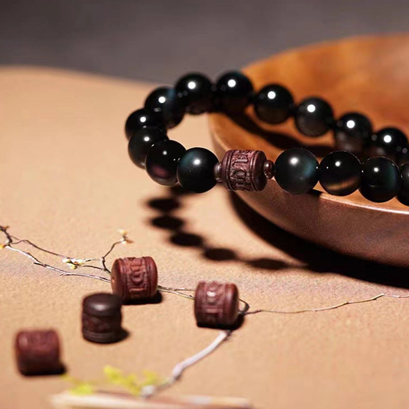 Buddha Stones Naturalny Złoty Połysk Obsydianu Tęczowego Obsydianu Om Mani Padme Hum Fu Charakter Bransoletka Uzdrawiająca