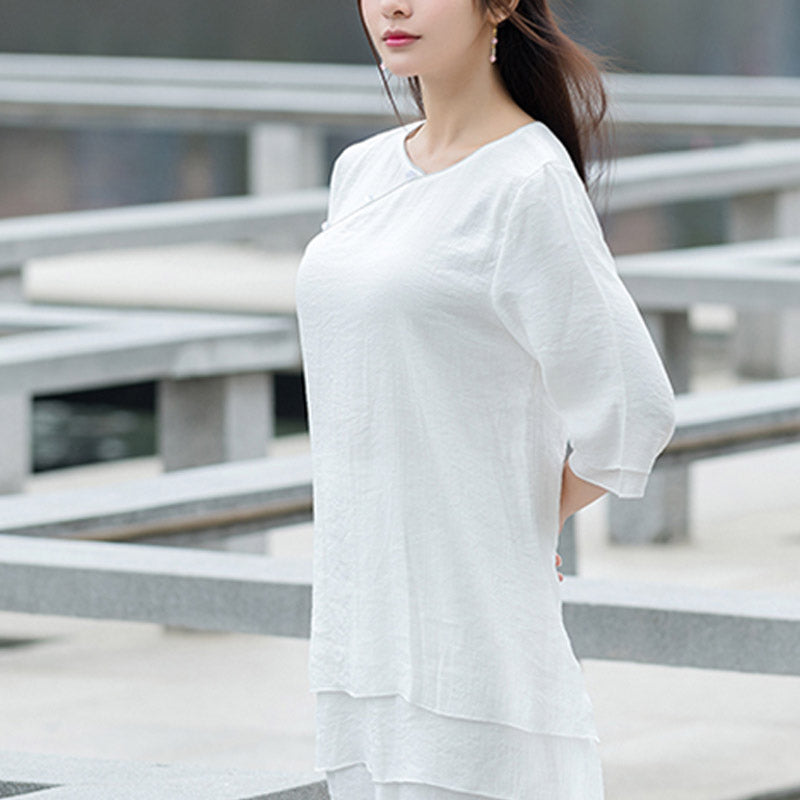 Buddha Stones 2 szt. Prosty design Białe spodnie do medytacji jogi Zen Tai Chi Bawełna Lniana Odzież damska Zestaw - image 7