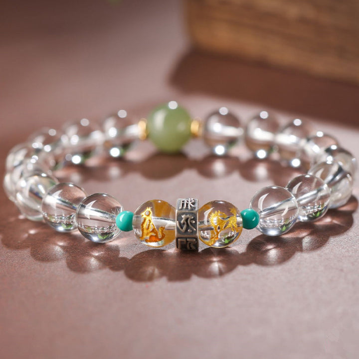 Buddha Stones 925 Srebro Chińskie Zodiak Natalny Budda Pomyślne Grupy Biały Kryształ Hetian Jade Bransoletka Uzdrawiająca
