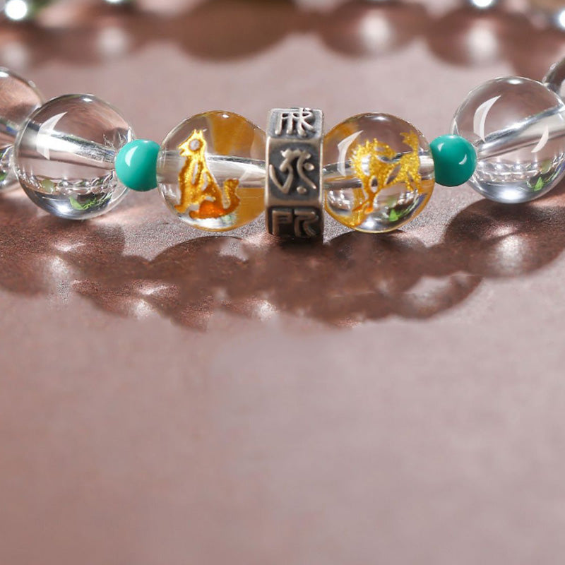 Buddha Stones 925 Srebro Chińskie Zodiak Natalny Budda Pomyślne Grupy Biały Kryształ Hetian Jade Bransoletka Uzdrawiająca